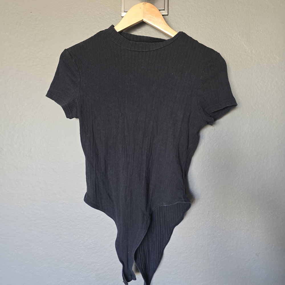 SHEIN TWO Black and Brown Asymmetrical Short Sleeve Bodysuit